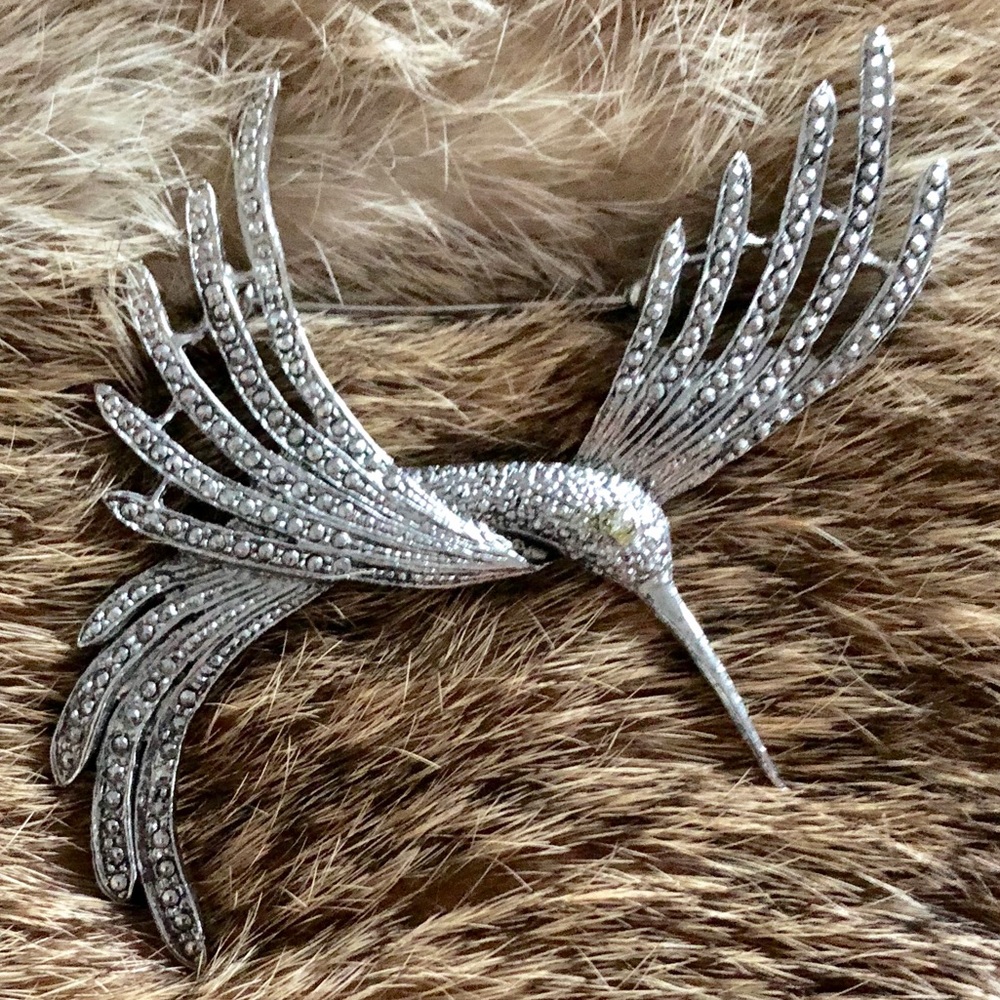 Silver Tone Vintage Large Hummingbird Brooch